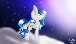 Size: 1280x750 | Tagged: safe, artist:prettyshinegp, derpibooru import, oc, unofficial characters only, pegasus, pony, cloud, female, image, jpeg, looking up, mare, night, on a cloud, pegasus oc, signature, solo, stars, wings