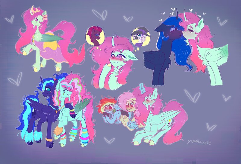 Size: 4096x2778 | Tagged: safe, artist:yumkandie, derpibooru import, oc, oc:aria, alicorn, pegasus, unicorn, zebra, 80s, 80s princess luna, alicorn oc, broken horn, canon x oc, chest fluff, clothes, colored sketch, colored wings, controller, crying, curved horn, facial hair, female, goatee, hair accessory, heart, heart eyes, horn, image, jewelry, jpeg, leg warmers, lesbian, necklace, nuzzling, ponytail, regalia, scar, shipping, simple background, sketch, sketch dump, thought bubble, unshorn fetlocks, wingding eyes, wings, wristband