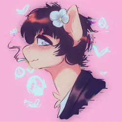 Size: 3500x3500 | Tagged: safe, artist:yumkandie, derpibooru import, ponified, earth pony, pony, chest fluff, clothes, error, flower, flower in hair, glitch, heart, heart eyes, image, jpeg, male, peace sign, ringo starr, simple background, smoking, solo, the beatles, wingding eyes