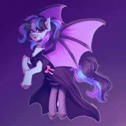 Size: 2048x2048 | Tagged: safe, artist:yumkandie, derpibooru import, oc, unofficial characters only, bat pony, bat pony oc, bat wings, clothes, dress, fangs, female, fishnets, image, jpeg, ripped stockings, socks, solo, stockings, thigh highs, torn clothes, wings