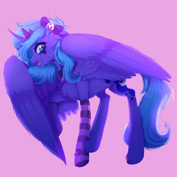 Size: 2048x2048 | Tagged: safe, artist:yumkandie, derpibooru import, princess luna, alicorn, bow, chest fluff, choker, clothes, curved horn, emo, female, fishnets, hair bow, horn, image, jewelry, jpeg, makeup, regalia, running makeup, s1 luna, simple background, sock, socks, solo, spiked choker, striped socks