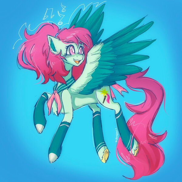 Size: 2048x2048 | Tagged: safe, artist:yumkandie, derpibooru import, oc, oc:aria, unofficial characters only, pegasus, pony, chest fluff, clothes, colored wings, eyebrows, eyebrows visible through hair, female, flying, image, jpeg, music notes, ponytail, sailor uniform, socks, solo, uniform, wings