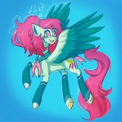 Size: 2048x2048 | Tagged: safe, artist:yumkandie, derpibooru import, oc, oc:aria, unofficial characters only, pegasus, pony, chest fluff, clothes, colored wings, eyebrows, eyebrows visible through hair, female, flying, image, jpeg, music notes, ponytail, sailor uniform, socks, solo, uniform, wings