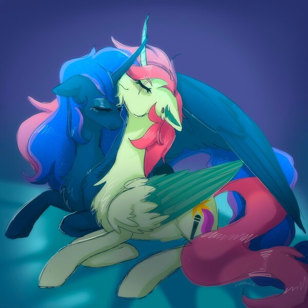 Size: 2048x2048 | Tagged: safe, artist:yumkandie, derpibooru import, princess luna, oc, oc:aria, alicorn, canon x oc, chest fluff, colored wings, curved horn, facial hair, female, goatee, horn, image, jpeg, lesbian, nuzzling, scar, shipping, wings