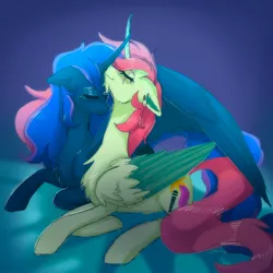 Size: 2048x2048 | Tagged: safe, artist:yumkandie, derpibooru import, princess luna, oc, oc:aria, alicorn, canon x oc, chest fluff, colored wings, curved horn, facial hair, female, goatee, horn, image, jpeg, lesbian, nuzzling, scar, shipping, wings