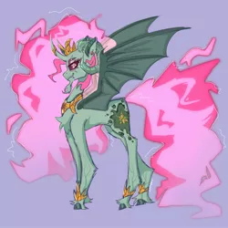 Size: 2048x2048 | Tagged: safe, artist:yumkandie, derpibooru import, oc, oc:aria, unofficial characters only, alicorn, demon, demon pony, original species, anklet, curved horn, demon horns, demon wings, ethereal mane, ethereal tail, facial hair, fangs, female, goatee, horn, horns, image, jewelry, jpeg, multiple horns, peytral, red eyes, regalia, scar, simple background, solo, tail, vein, wings