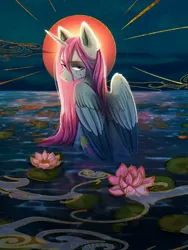 Size: 1200x1600 | Tagged: safe, artist:glumarkoj, derpibooru import, oc, oc:aria, unofficial characters only, alicorn, alicorn oc, cloud, colored wings, female, flower, full moon, horn, image, jpeg, lilypad, lotus (flower), moon, scar, solo, water, wings
