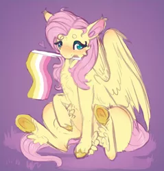 Size: 1814x1896 | Tagged: safe, artist:fussypaws, derpibooru import, fluttershy, pegasus, pony, blushing, cute, female, flag, headcanon, heart, hoof fluff, image, jpeg, lesbian pride flag, looking at you, mouth hold, pride, pride flag, purple background, raised hoof, sexuality headcanon, shyabetes, simple background, sitting, solo, wings
