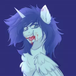 Size: 2048x2048 | Tagged: safe, artist:yumkandie, derpibooru import, oc, oc:prince nova, alicorn, alicorn oc, blood, chest fluff, ear piercing, earring, fangs, horn, image, jewelry, jpeg, licking, licking lips, male, piercing, solo, tongue out, wings