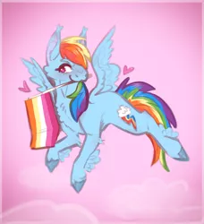 Size: 1539x1688 | Tagged: safe, artist:fussypaws, derpibooru import, rainbow dash, pegasus, pony, blushing, chest fluff, ear fluff, female, flying, headcanon, heart, image, jpeg, lesbian pride flag, looking offscreen, mouth hold, pink background, pride, pride flag, sexuality headcanon, simple background, solo
