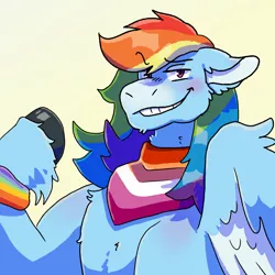 Size: 2000x2000 | Tagged: safe, artist:flyingeevees, derpibooru import, rainbow dash, pegasus, pony, bandana, blushing, bracelet, female, fluffy, gritted teeth, headcanon, image, jewelry, jpeg, lesbian pride flag, looking at you, pride, pride flag, rainbow flag, raised eyebrow, raised hoof, sexuality headcanon, simple background, solo, teeth, white background