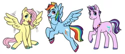 Size: 2048x884 | Tagged: safe, artist:picturesofponies, derpibooru import, fluttershy, rainbow dash, starlight glimmer, pegasus, unicorn, badge, bracelet, crown, female, flapping wings, flying, gender headcanon, headcanon, image, jewelry, jpeg, lesbian pride flag, looking at you, mouth hold, necklace, nonbinary pride flag, pride, pride flag, raised hoof, regalia, sexuality headcanon, short mane, short tail, simple background, sitting, standing, tail, trio, white background, wings