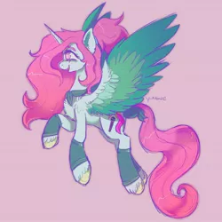Size: 2048x2048 | Tagged: safe, artist:yumkandie, derpibooru import, oc, oc:aria, alicorn, alicorn oc, chest fluff, clothes, colored wings, female, horn, image, jpeg, ponytail, scar, simple background, socks, solo, unshorn fetlocks, wings