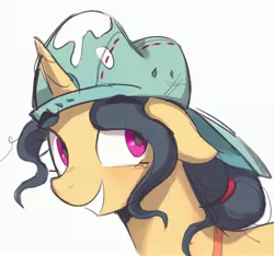 Size: 3960x3702 | Tagged: safe, artist:littmosa, derpibooru import, fresh coat, pony, unicorn, bust, female, hat, image, jpeg, mare, simple background, smiling, solo