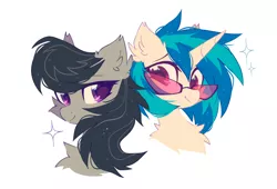 Size: 1224x832 | Tagged: safe, artist:mirtash, edit, octavia melody, vinyl scratch, earth pony, pony, unicorn, chest fluff, cute, duo, duo female, female, image, lesbian, mare, png, scratchtavia, shipping, sparkles, vinyl's glasses