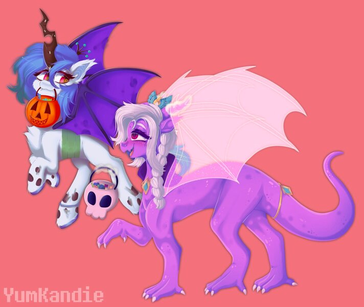 Size: 2048x1725 | Tagged: safe, artist:yumkandie, derpibooru import, oc, unofficial characters only, bat pony, dracony, dragon, hybrid, bat pony oc, bat wings, changeling horn, clothes, costume, duo, duo female, female, halloween, halloween costume, holiday, horn, image, jack-o-lantern, jewelry, jpeg, pumpkin, regalia, transparent wings, wings