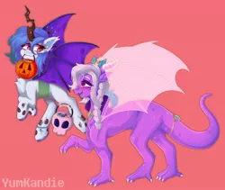 Size: 2048x1725 | Tagged: safe, artist:yumkandie, derpibooru import, oc, unofficial characters only, bat pony, dracony, dragon, hybrid, bat pony oc, bat wings, changeling horn, clothes, costume, duo, duo female, female, halloween, halloween costume, holiday, horn, image, jack-o-lantern, jewelry, jpeg, pumpkin, regalia, transparent wings, wings