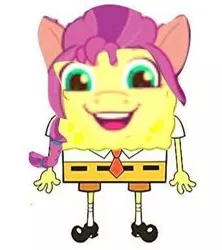 Size: 314x353 | Tagged: safe, derpibooru import, edit, sunny starscout, g5, clothes, crossover, image, jpeg, looking at you, pants, similarities, simple background, smiling, spongebob squarepants, spongebob squarepants (character), square, transformation, transgender, wat, white background