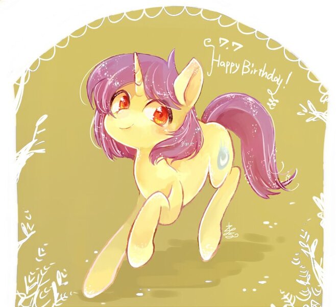 Size: 750x684 | Tagged: safe, artist:sibashen, derpibooru import, oc, unofficial characters only, pony, unicorn, female, happy birthday, horn, image, jpeg, mare, raised hoof, smiling, solo