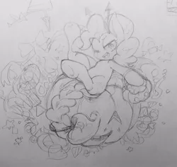 Size: 2048x1932 | Tagged: safe, artist:sibashen, derpibooru import, pinkie pie, earth pony, pony, female, image, jpeg, looking at you, mare, one eye closed, open mouth, open smile, pumpkin, smiling, smiling at you, solo, traditional art