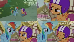 Size: 1280x720 | Tagged: safe, derpibooru import, edit, edited screencap, editor:quoterific, screencap, rainbow dash, scootaloo, pegasus, pony, newbie dash, season 6, ^^, cute, cutealoo, duo, eyes closed, female, filly, foal, grin, helmet, image, jpeg, mare, open mouth, open smile, scooter, smiling, spread wings, text, wings