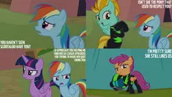 Size: 1280x720 | Tagged: safe, derpibooru import, edit, edited screencap, editor:quoterific, screencap, lightning dust, rainbow dash, scootaloo, twilight sparkle, twilight sparkle (alicorn), alicorn, pegasus, pony, season 8, the washouts (episode), spoiler:s08, female, filly, flying, foal, helmet, image, jpeg, mare, open mouth, open smile, pint-sized dynamite, smiling, spread wings, text, the washouts, wings