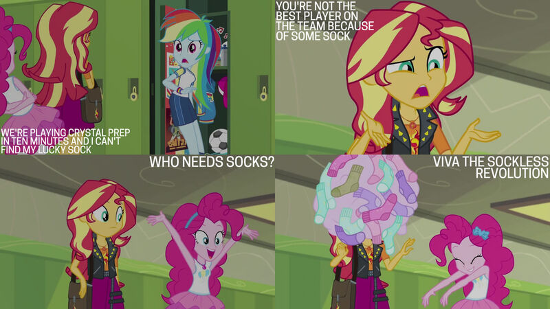 Size: 1280x720 | Tagged: safe, derpibooru import, edit, edited screencap, editor:quoterific, screencap, pinkie pie, rainbow dash, sunset shimmer, equestria girls, equestria girls series, sock it to me, spoiler:eqg series (season 2), clothes, cute, cutie mark, cutie mark on clothes, diapinkes, eyes closed, female, geode of empathy, geode of sugar bombs, grin, hallway, image, jewelry, jpeg, lockers, magical geodes, necklace, open mouth, open smile, smiling, socks, text, trio