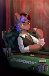 Size: 1200x1876 | Tagged: safe, artist:glumarkoj, derpibooru import, oc, unofficial characters only, pony, unicorn, chair, clothes, curtains, drink, gambling, glass, image, jpeg, male, necktie, playing card, poker, poker chips, poker face, shirt, solo, waistcoat