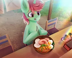 Size: 1617x1304 | Tagged: safe, artist:glumarkoj, derpibooru import, oc, unofficial characters only, pony, unicorn, bowl, chair, chopsticks, dexterous hooves, egg (food), food, image, jpeg, licking, licking lips, male, meat, noodles, ponies eating meat, ramen, table, tongue out