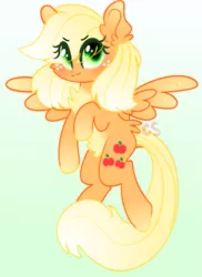 Size: 773x1061 | Tagged: safe, artist:computershits, derpibooru import, applejack, pegasus, pony, :3, >:3, alternate hairstyle, blushing, chest fluff, determined, ear fluff, female, flapplejack, freckles, gradient background, gradient mane, green eyes, image, lightly watermarked, mare, png, race swap, raised hoof, simple background, solo, spread wings, watermark, wings