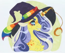 Size: 3640x2984 | Tagged: safe, artist:frozensoulpony, derpibooru import, oc, oc:wyken pippen, pony, unicorn, bust, hat, image, jpeg, male, portrait, pride flag, solo, stallion, traditional art, witch hat