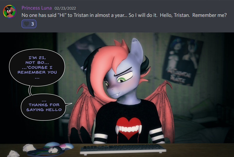 Size: 1920x1288 | Tagged: safe, artist:willitfit, derpibooru import, oc, oc:tristan sev, anthro, bat pony, 3d, arm warmers, bat wings, bed, bedroom, clothes, desk, emo, emo hair, green eyes, heart, image, jpeg, keyboard, mousepad, pink hair, poster, question and answer, shirt, solo, source filmmaker, speech, t-shirt, talking, wings