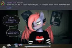 Size: 1920x1288 | Tagged: safe, artist:willitfit, derpibooru import, oc, oc:tristan sev, anthro, bat pony, 3d, arm warmers, bat wings, bed, bedroom, clothes, desk, emo, emo hair, green eyes, heart, image, jpeg, keyboard, mousepad, pink hair, poster, question and answer, shirt, solo, source filmmaker, speech, t-shirt, talking, wings