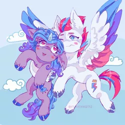 Size: 2000x2000 | Tagged: safe, artist:funnyhat12, derpibooru import, izzy moonbow, zipp storm, pegasus, pony, unicorn, blushing, carrying, cloud, colored wings, duo, duo female, ear fluff, female, flying, g5, heart, heart eyes, image, jpeg, looking at someone, mare, multicolored wings, one eye closed, open mouth, open smile, sky background, smiling, wingding eyes, wings