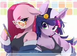 Size: 2748x2000 | Tagged: safe, artist:potetecyu_to, derpibooru import, pinkie pie, twilight sparkle, anthro, earth pony, pony, unicorn, arm hooves, backwards ballcap, baseball cap, breasts, cap, cleavage, duo, female, floppy ears, hat, hoof hold, image, jpeg, looking at you, mare, mobile phone, phone, pinkamena diane pie, smartphone, sunglasses