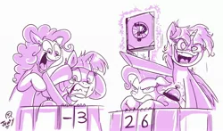 Size: 2885x1692 | Tagged: safe, artist:jowybean, derpibooru import, pinkie pie, twilight sparkle, twilight sparkle (alicorn), alicorn, earth pony, pony, a trivial pursuit, bell, book, image, jpeg, monochrome, twilight snapple, twilighting