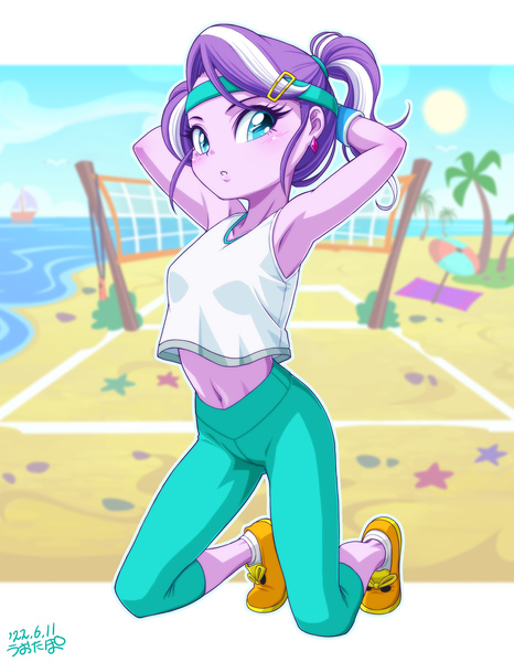 Size: 1000x1287 | Tagged: safe, artist:uotapo, derpibooru import, diamond tiara, equestria girls, alternate hairstyle, armpits, beach, clothes, cute, diamondbetes, gameloft, headband, image, jpeg, ocean, palm tree, pants, sand, shoes, sneakers, socks, solo, summer, sweatpants, tanktop, tree, volleyball net, water