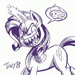 Size: 4092x4096 | Tagged: safe, artist:jowybean, derpibooru import, rarity, pony, unicorn, evil grin, evil rarity, glow, glowing horn, grin, horn, image, jpeg, monochrome, possessed, smiling, solo, sproutity
