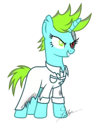 Size: 6000x7676 | Tagged: safe, derpibooru import, oc, oc:mythic vision(kaitykat), unicorn, alternate timeline, blind, clothes, disabled, evil grin, grin, high res, image, lab coat, mad scientist, png, prosthetic eye, prosthetics, scientist, short hair, short mane, short tail, smiling, tail, torn ear, tyranny!au(kaity)