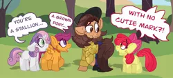 Size: 2048x926 | Tagged: safe, artist:ninoooooooo12, derpibooru import, apple bloom, scootaloo, sweetie belle, ponified, earth pony, pegasus, pony, unicorn, blushing, cutie mark crusaders, female, filly, foal, image, jpeg, male, neckbeard, speech bubble, stallion, sweat, vanossgaming