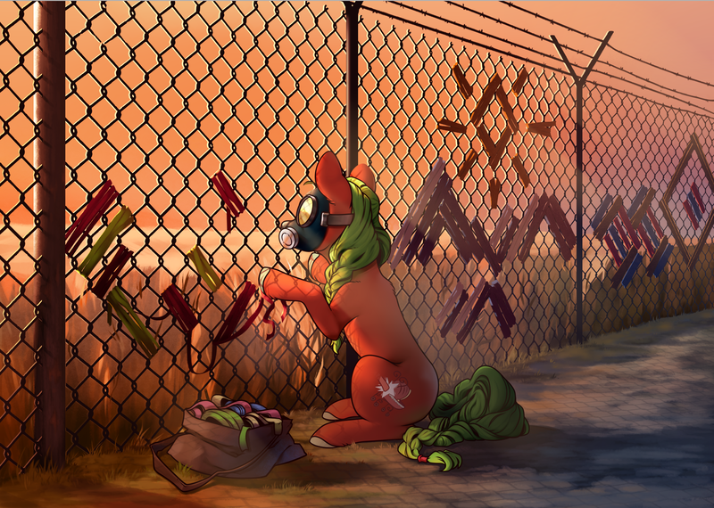 Size: 2425x1727 | Tagged: safe, artist:28gooddays, derpibooru import, oc, unofficial characters only, pony, bag, chain link fence, fence, gas mask, image, mask, png, ribbon, solo