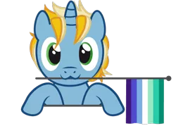 Size: 762x545 | Tagged: safe, artist:hazel bloons, derpibooru import, oc, oc:sunny dawn, unofficial characters only, pony, unicorn, 1000 hours in ms paint, blue coat, bust, commission, cute, flag, gay pride flag, green eyes, holding, holding a flag, image, looking at you, male, mouth hold, png, pride, pride flag, pride month, simple background, smiling, solo, transparent background, ych result, yellow hair