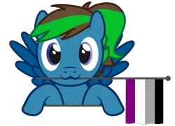 Size: 763x545 | Tagged: safe, artist:hazel bloons, derpibooru import, oc, unofficial characters only, pegasus, pony, asexual pride flag, blue coat, blue eyes, bust, commission, cute, female, flag, holding, holding a flag, image, looking at you, mouth hold, multicolored hair, png, pride, pride flag, pride month, simple background, smiling, solo, transparent background, wings, ych result