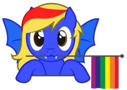 Size: 762x544 | Tagged: safe, artist:hazel bloons, derpibooru import, oc, unofficial characters only, bat pony, pony, blue coat, brown eyes, bust, commission, cute, fangs, flag, holding, holding a flag, image, looking at you, male, mouth hold, multicolored hair, png, pride flag, pride month, rainbow flag, simple background, smiling, solo, transparent background, wings, ych result, yellow hair