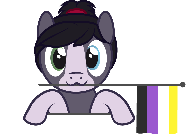 Size: 762x545 | Tagged: safe, artist:hazel bloons, derpibooru import, oc, oc:eden, unofficial characters only, earth pony, pony, black hair, blue eyes, bust, commission, cute, flag, gray coat, green eyes, heterochromia, holding, holding a flag, image, looking at you, mouth hold, nonbinary pride flag, png, ponytail, pride, pride flag, pride month, simple background, smiling, solo, transparent background, ych result