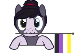 Size: 762x545 | Tagged: safe, artist:hazel bloons, derpibooru import, oc, oc:eden, unofficial characters only, earth pony, pony, black hair, blue eyes, bust, commission, cute, flag, gray coat, green eyes, heterochromia, holding, holding a flag, image, looking at you, mouth hold, nonbinary pride flag, png, ponytail, pride, pride flag, pride month, simple background, smiling, solo, transparent background, ych result