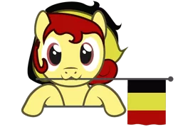 Size: 762x545 | Tagged: safe, artist:hazel bloons, derpibooru import, oc, oc:chocolate sweets, unofficial characters only, earth pony, pony, belgium, bust, commission, country ponies, cute, female, flag, holding, holding a flag, image, looking at you, mouth hold, multicolored hair, national flag, png, red eyes, simple background, smiling, solo, transparent background, ych result, yellow coat