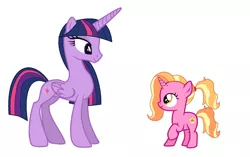 Size: 1280x806 | Tagged: safe, artist:frostninja007, derpibooru import, luster dawn, twilight sparkle, twilight sparkle (alicorn), alicorn, pony, unicorn, the last problem, blue mane, blue tail, female, filly, filly luster dawn, foal, image, jpeg, looking at each other, looking at someone, multicolored mane, multicolored tail, older, older twilight, orange mane, orange tail, pink coat, ponytail, princess of friendship, purple coat, purple mane, purple tail, smiling, tail, twilight sparkle's cutie mark, younger