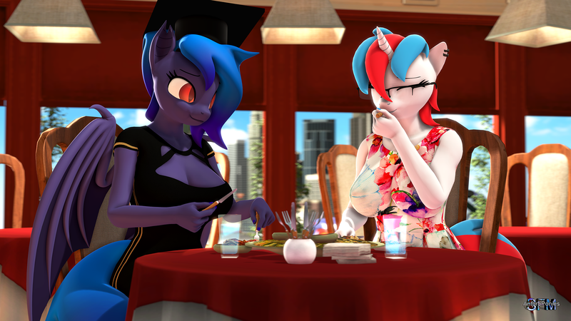 Size: 1920x1080 | Tagged: safe, artist:anthroponiessfm, derpibooru import, oc, oc:audina puzzle, oc:wavelength, unofficial characters only, anthro, bat pony, 3d, anthro oc, bat pony oc, bat wings, breasts, cleavage, clothes, cute, dinner, dress, duo, eating, eyes closed, female, graduation cap, hat, image, looking at each other, looking at someone, png, source filmmaker, wholesome, wings