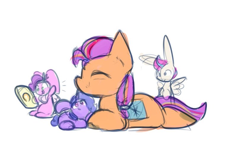 Size: 1012x620 | Tagged: safe, artist:zutcha, derpibooru import, pipp petals, sunny starscout, zipp storm, earth pony, pony, rabbit, animal, bunnified, eyes closed, female, g5, group, horn, image, jpeg, lying down, prone, simple background, species swap, white background, wings